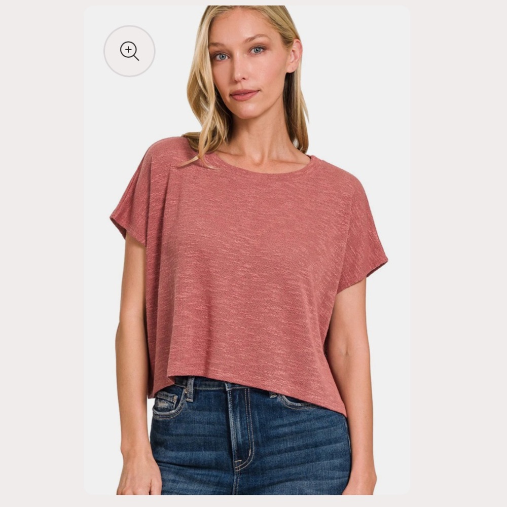 Zenana Round Neck Cropped Shirt Mauve Size Large - Picture 1 of 5